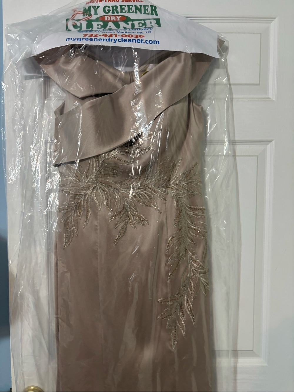 Elegant Taupe Evening Dress with Embellished Leaf Detail
